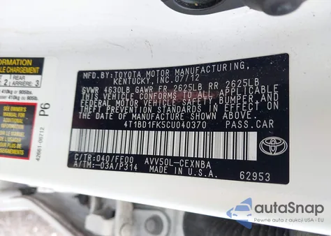 2012 Toyota Camry Hybrid Le from USA, damaged, VIN 4T1BD1FK5CU040370